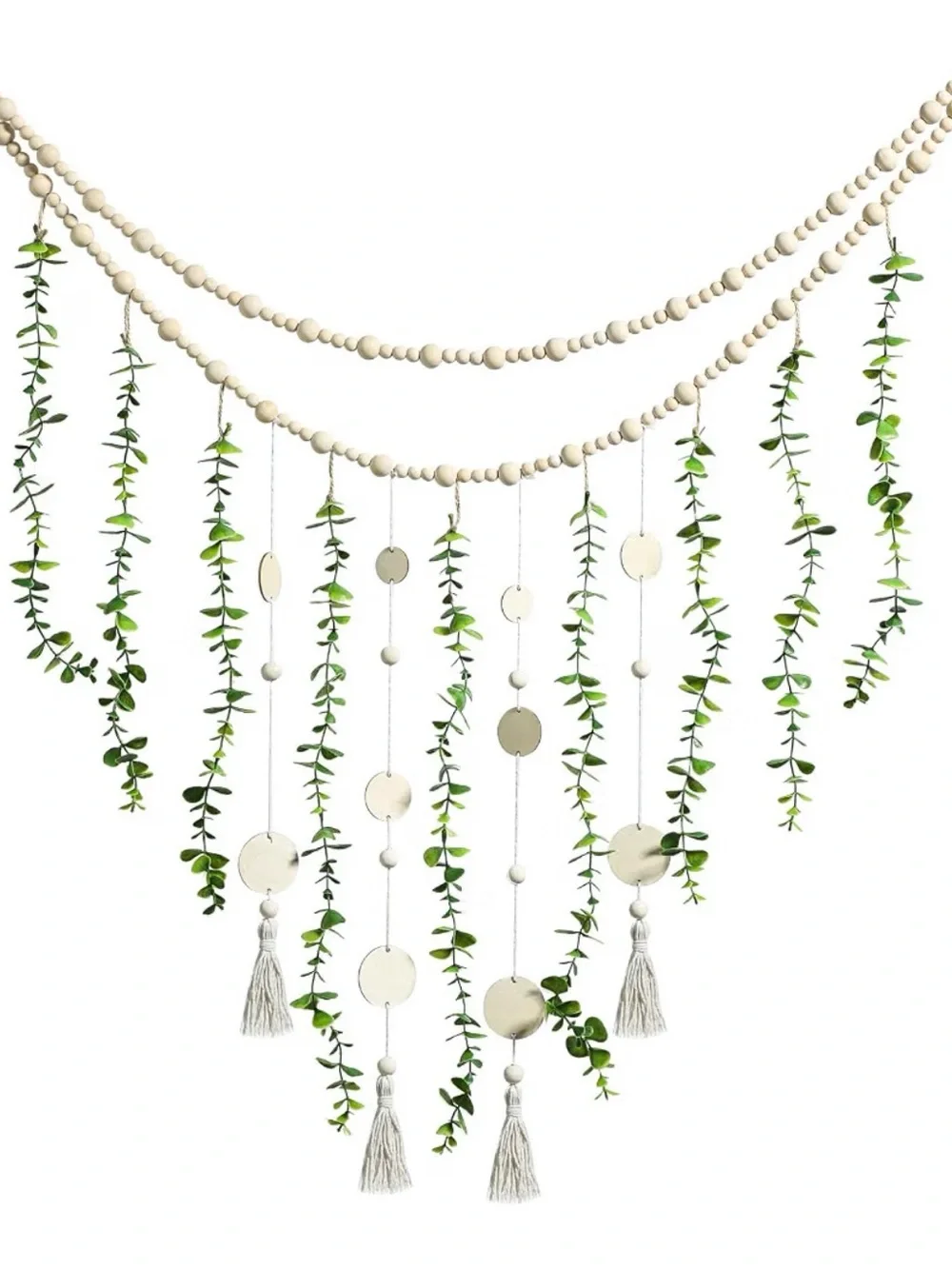 Beaded Eucalyptus Tassel Garland Boho Wall Decor with Wooden Beads